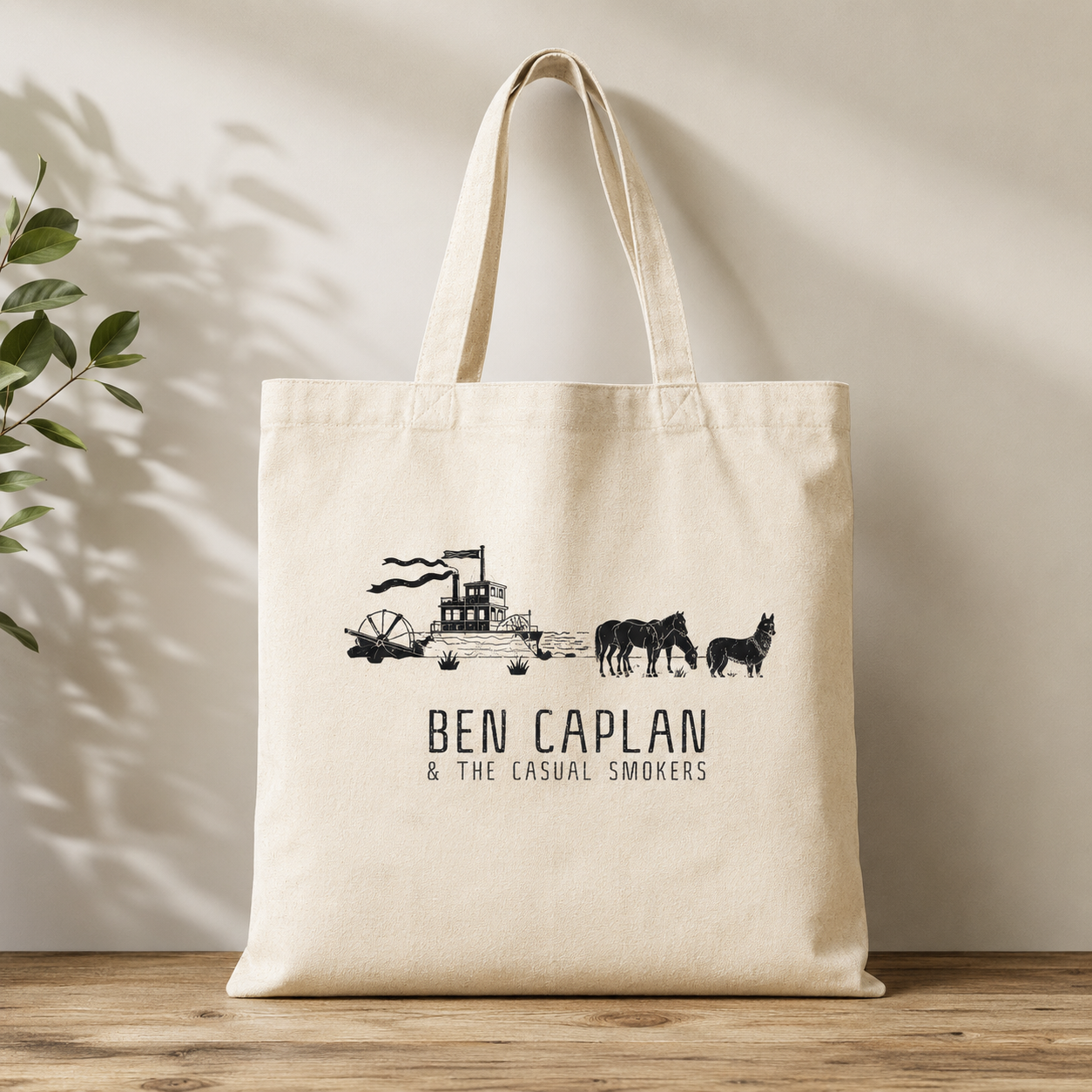 Accessoires — canvas totebag (Ben Caplan band-merch, 1-kleurs zeefdruk op natural canvas)