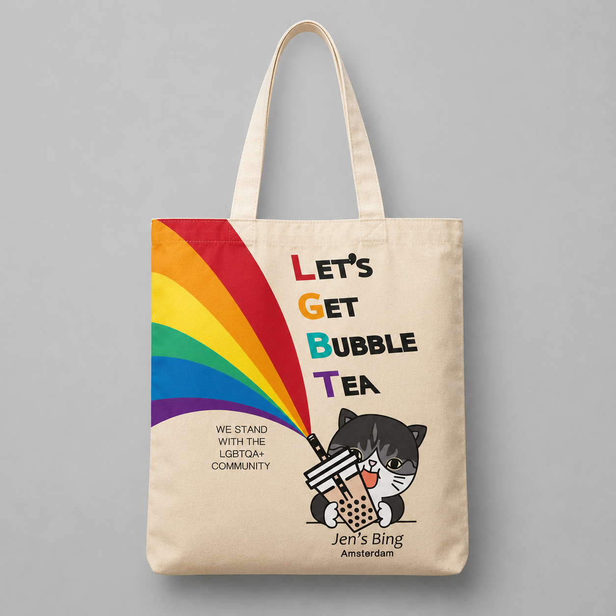 Accessoires — canvas totebag (Jen's Bing horeca-merch, full-color Pride-thema)