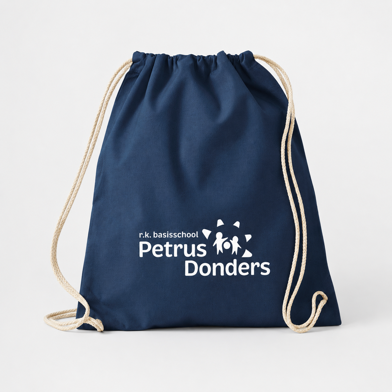 Accessoires — katoenen gymsac (Petrus Donders basisschool, navy met witte zeefdruk)