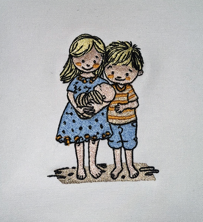 Geborduurde kleurrijke illustratie van twee kinderen, Visualprint borduurwerk